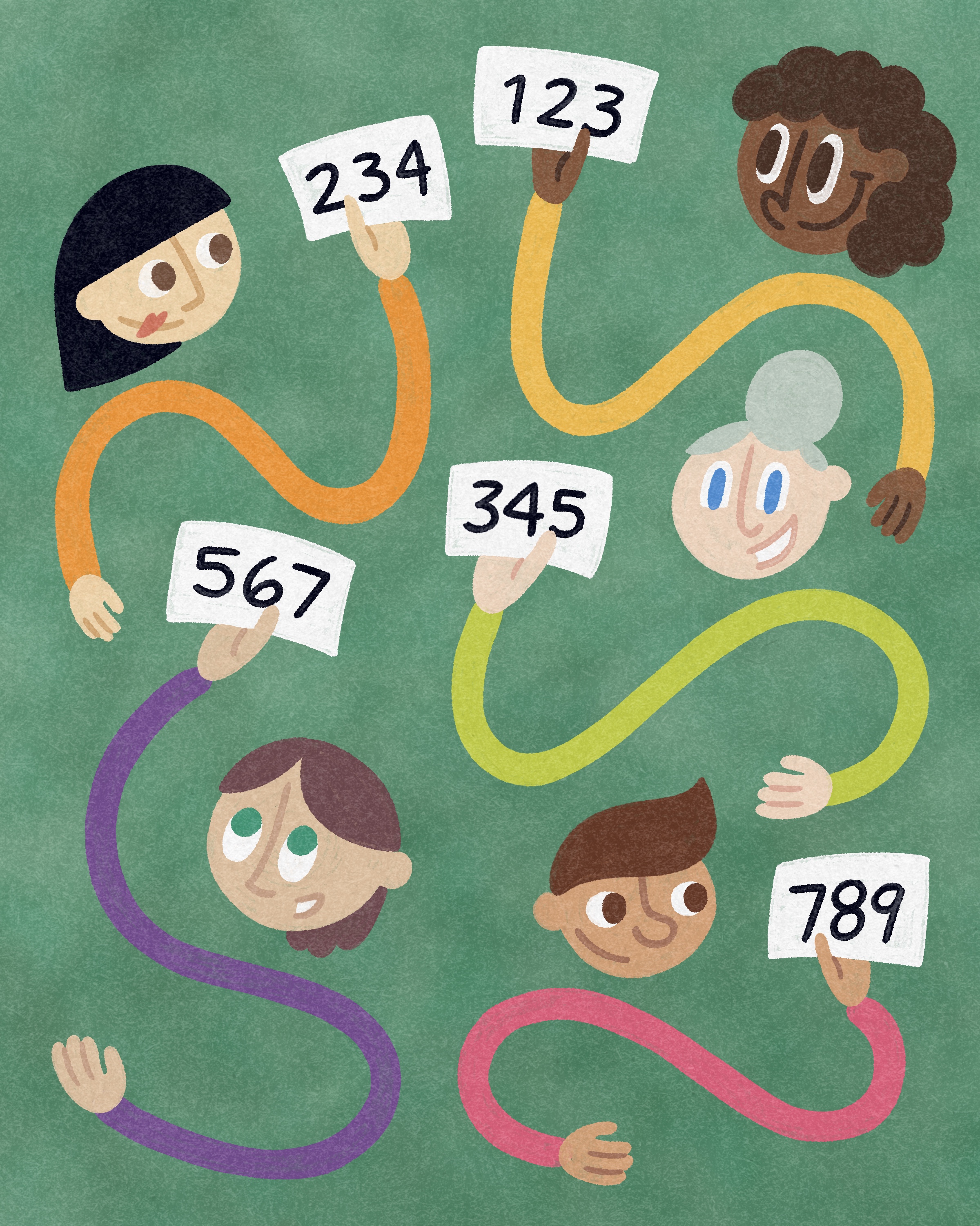 Illustration of three bidders raising numbered paddles above a crowd at an auction
